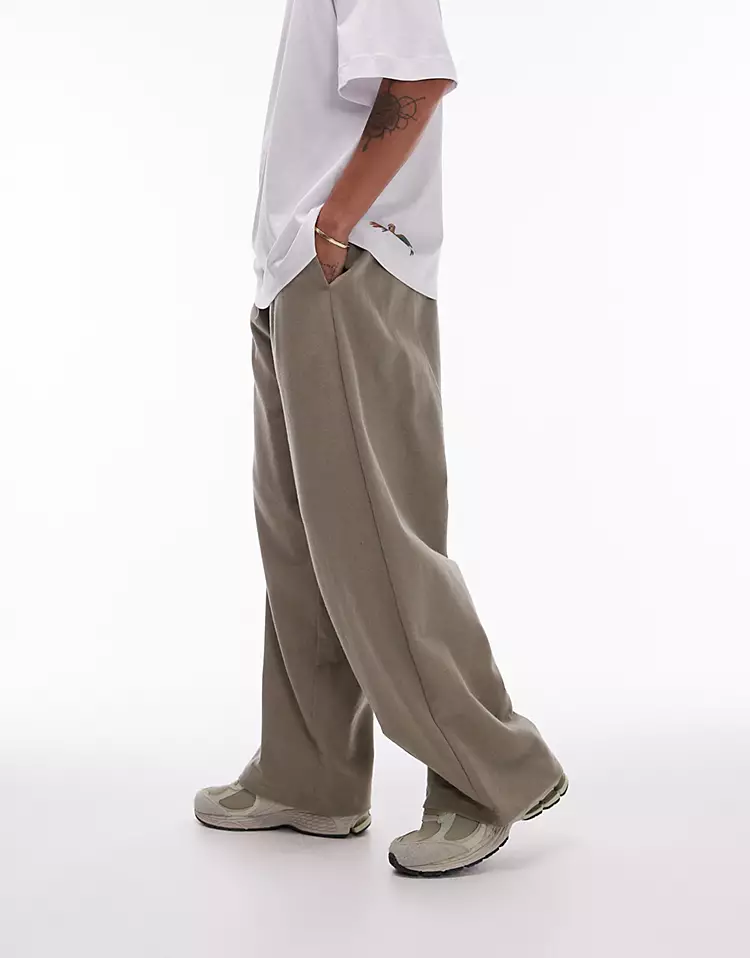 Topman wide fit linen blend jogger in khaki